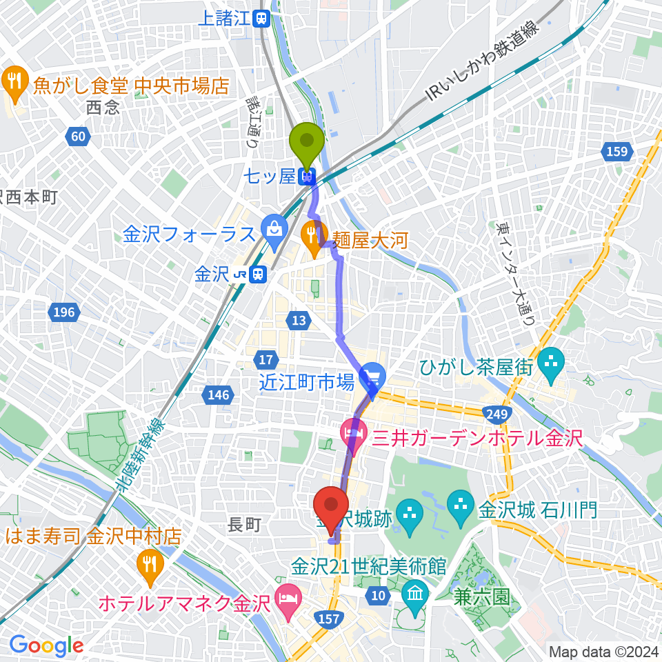 七ツ屋駅からラジオかなざわへのルートマップ地図