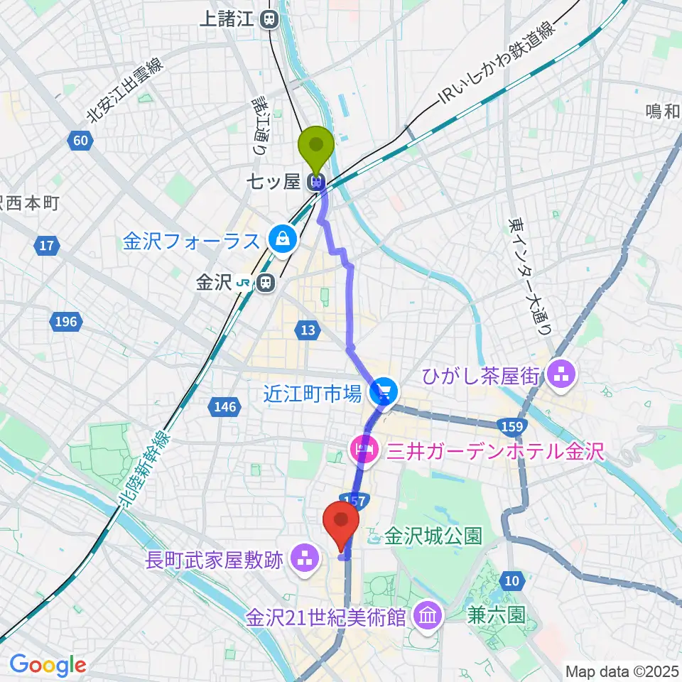 七ツ屋駅からラジオかなざわへのルートマップ地図