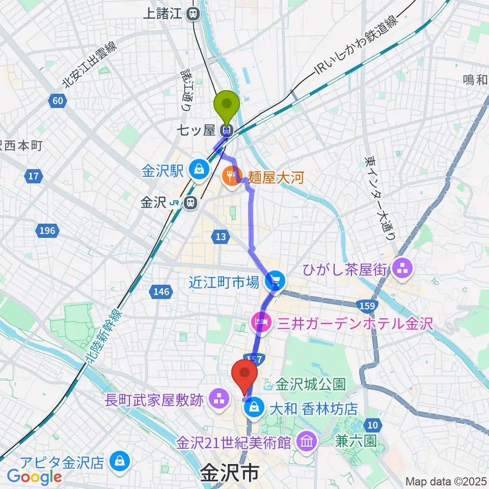 七ツ屋駅からラジオかなざわへのルートマップ地図