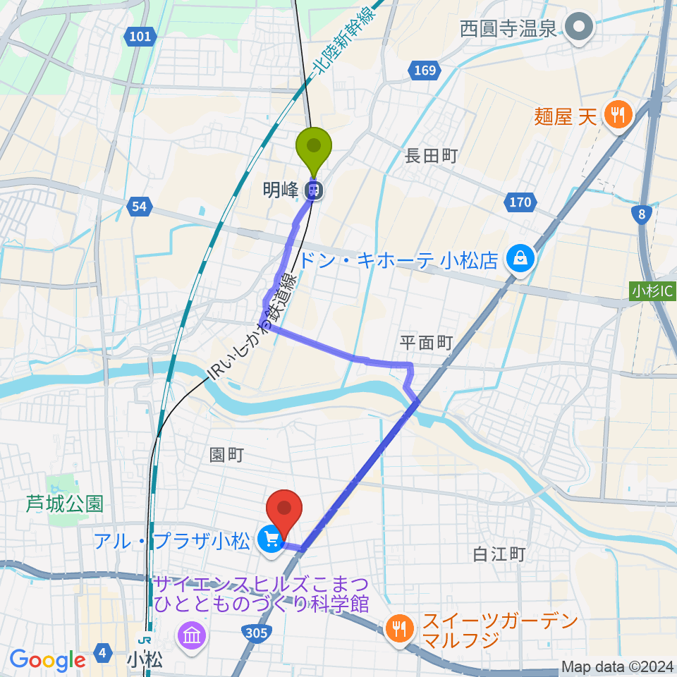 明峰駅からラジオこまつへのルートマップ地図