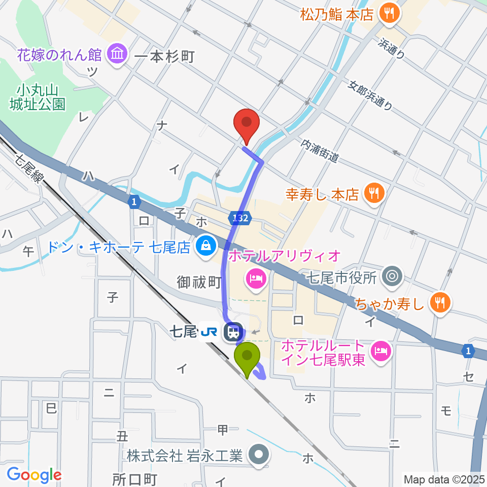 ラジオななおの最寄駅七尾駅からの徒歩ルート（約7分）地図