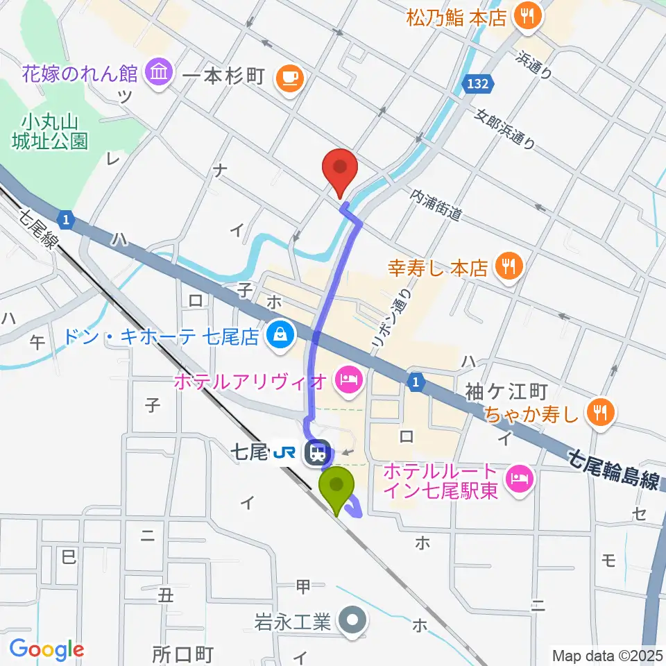 ラジオななおの最寄駅七尾駅からの徒歩ルート（約7分）地図