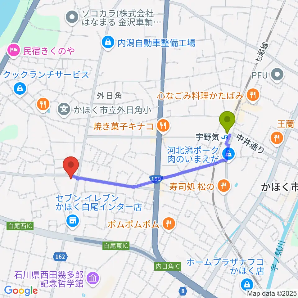 FMかほくの最寄駅宇野気駅からの徒歩ルート（約17分）地図