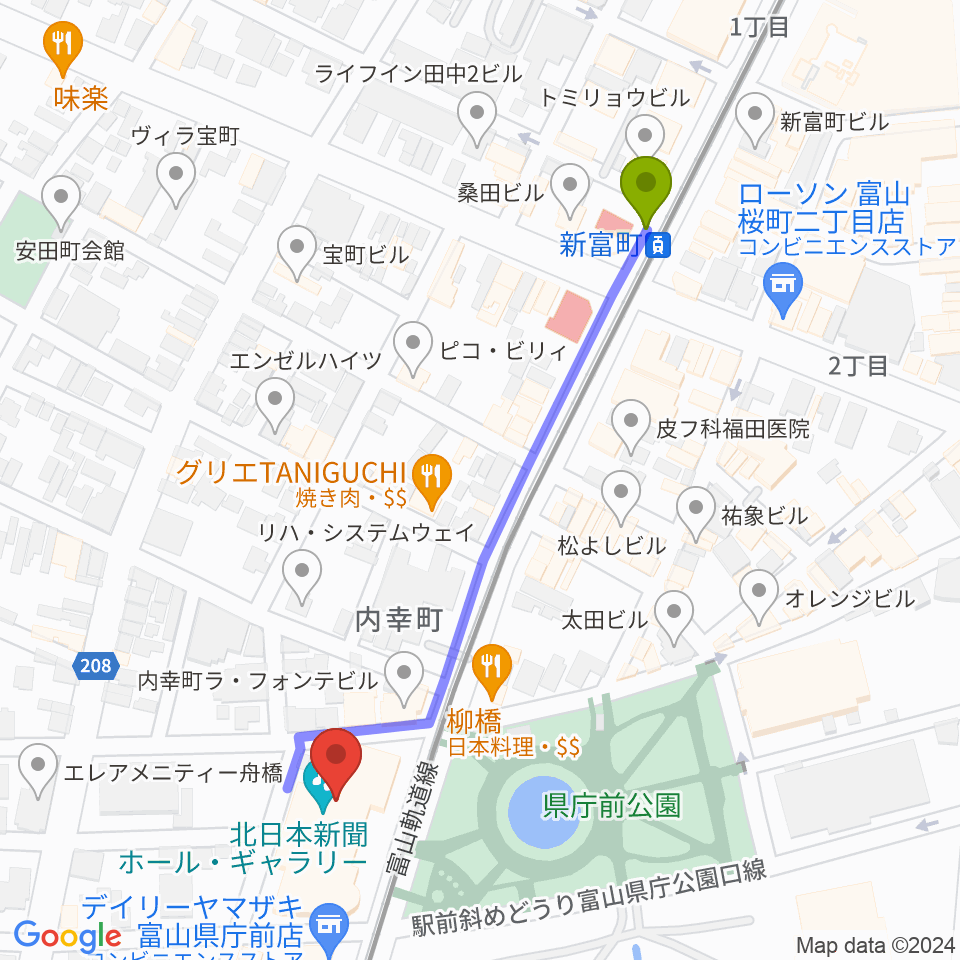 新富町駅から富山シティエフエムへのルートマップ地図
