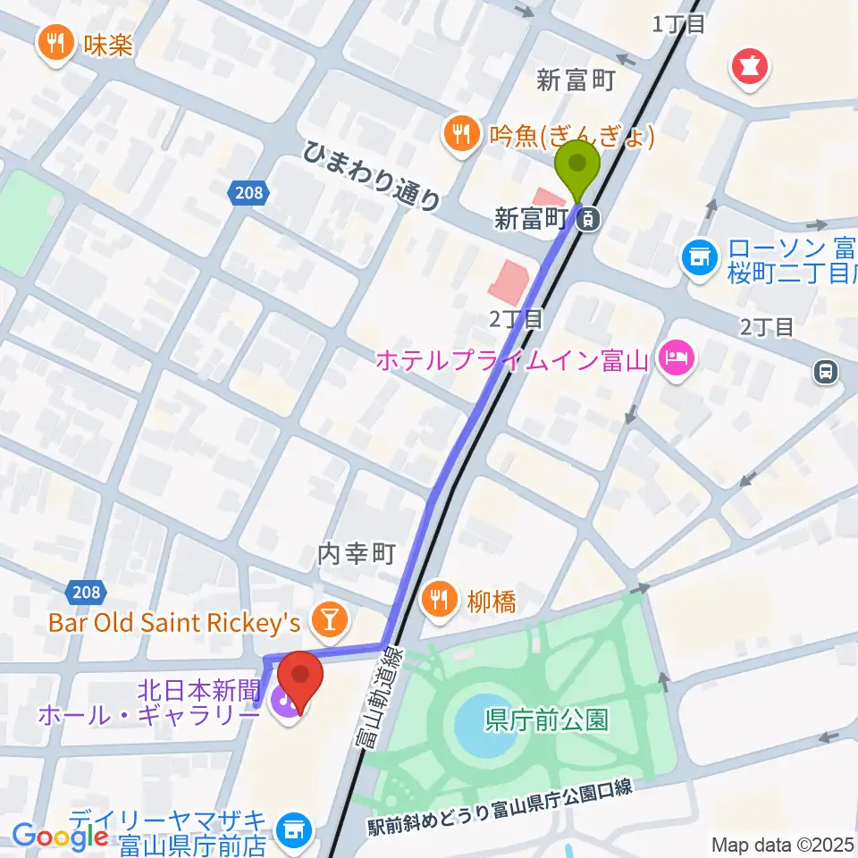 新富町駅から富山シティエフエムへのルートマップ地図