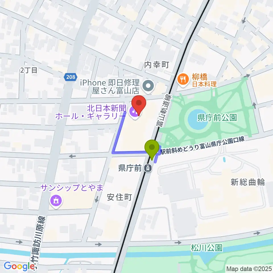 富山シティエフエムの最寄駅県庁前駅からの徒歩ルート（約1分）地図
