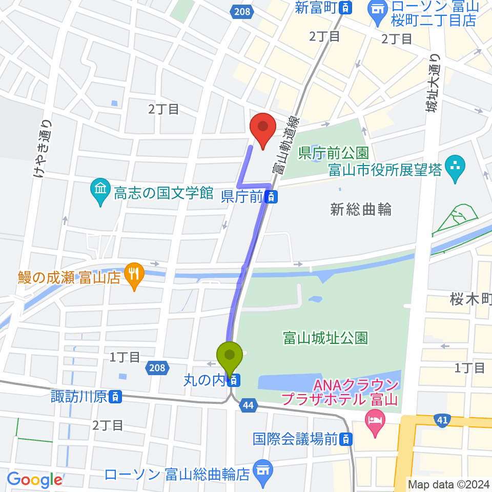 丸の内駅から富山シティエフエムへのルートマップ地図