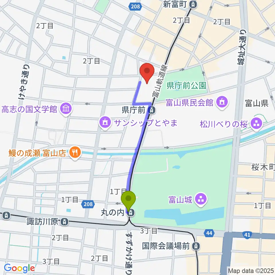 丸の内駅から富山シティエフエムへのルートマップ地図