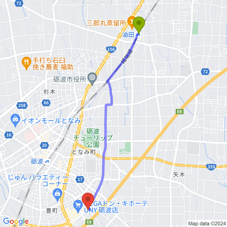 油田駅からエフエムとなみへのルートマップ地図