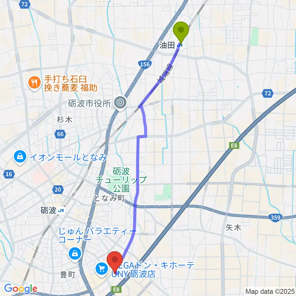 油田駅からエフエムとなみへのルートマップ地図