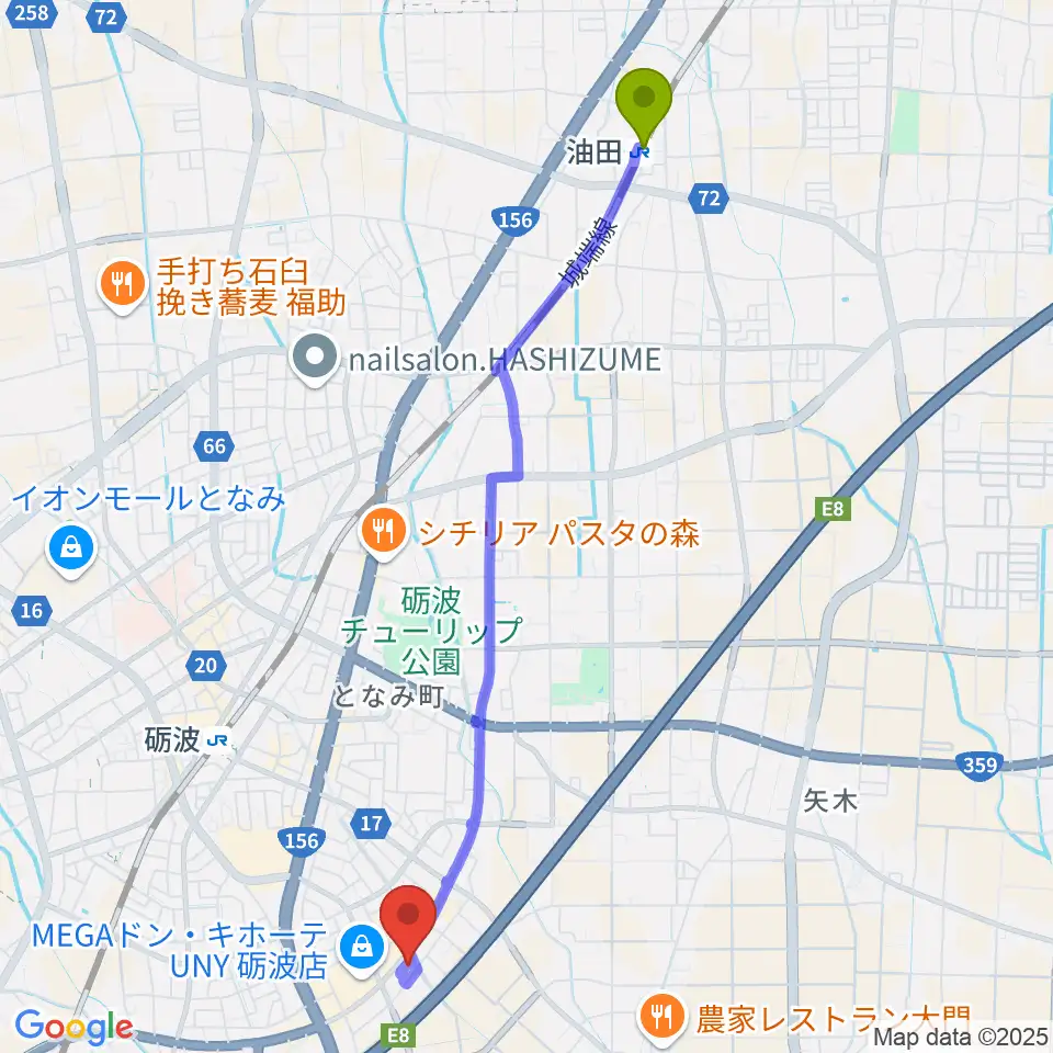 油田駅からエフエムとなみへのルートマップ地図