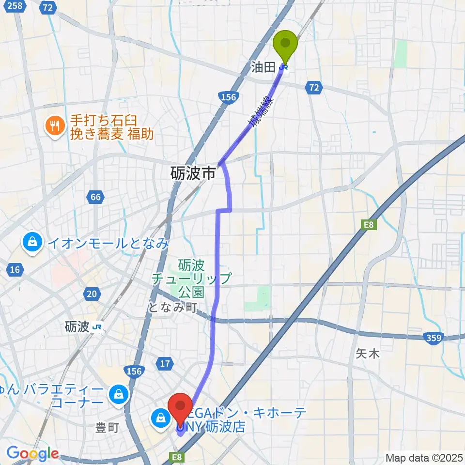 油田駅からエフエムとなみへのルートマップ地図