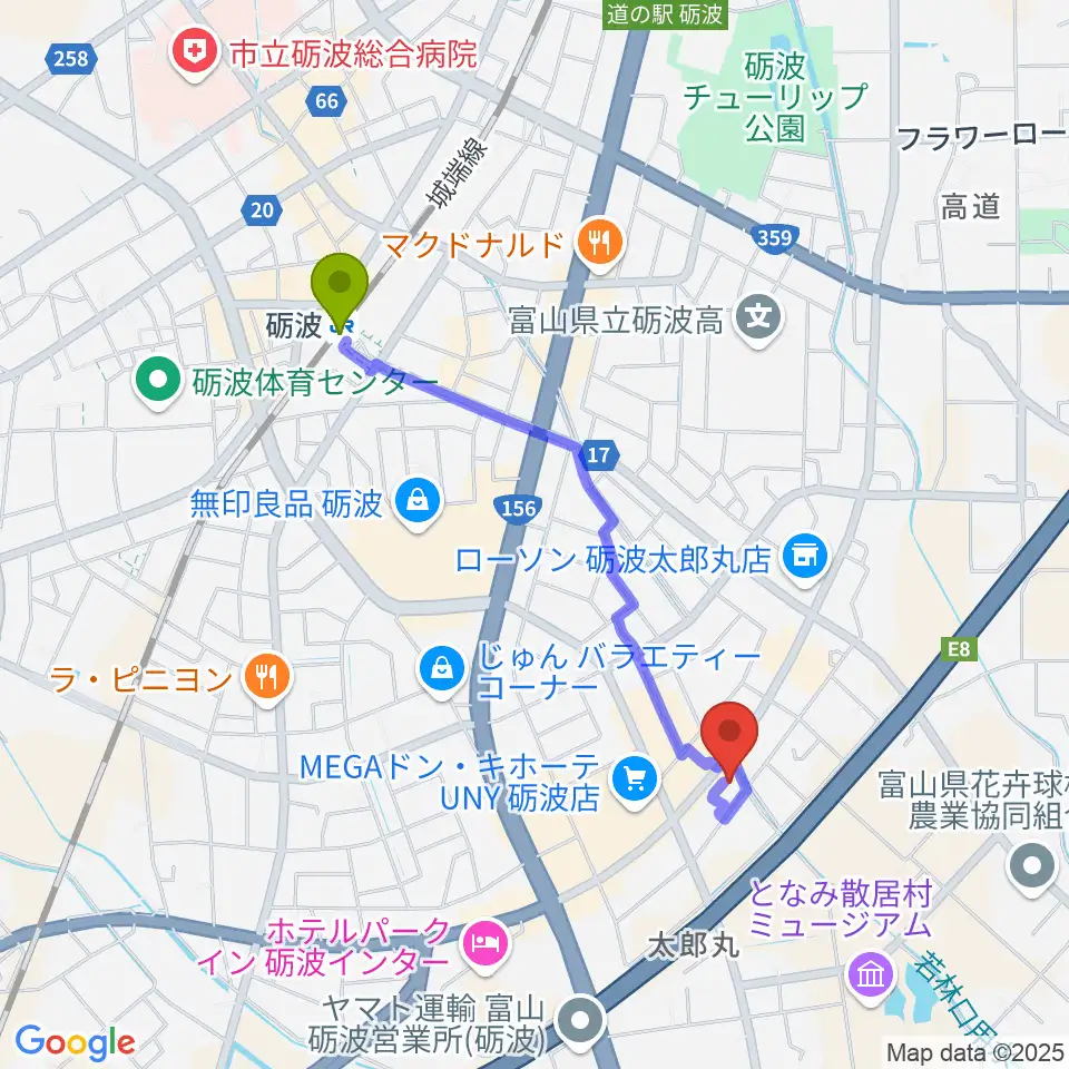 エフエムとなみの最寄駅砺波駅からの徒歩ルート（約17分）地図