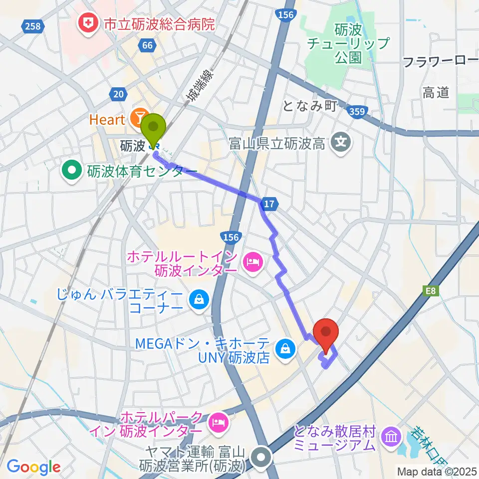 エフエムとなみの最寄駅砺波駅からの徒歩ルート（約17分）地図