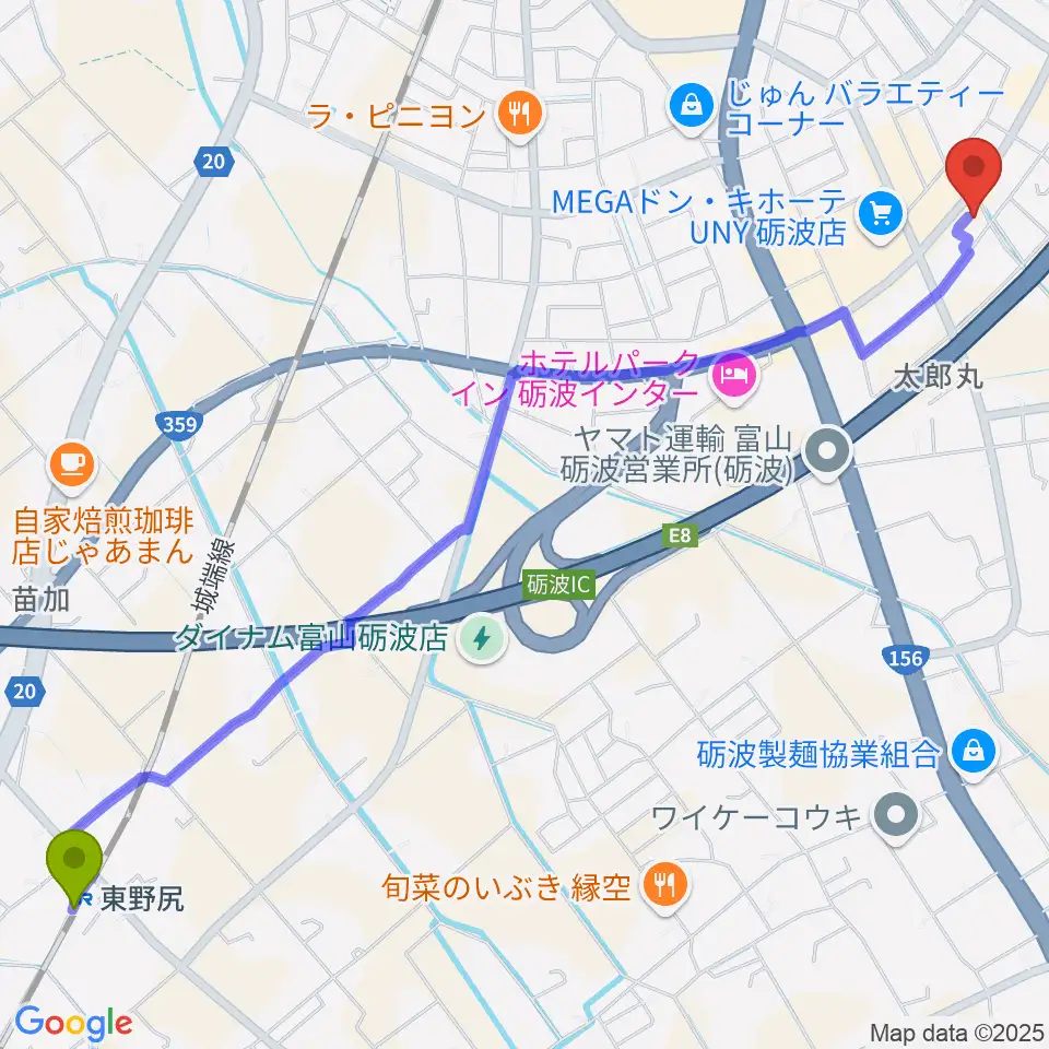 東野尻駅からエフエムとなみへのルートマップ地図