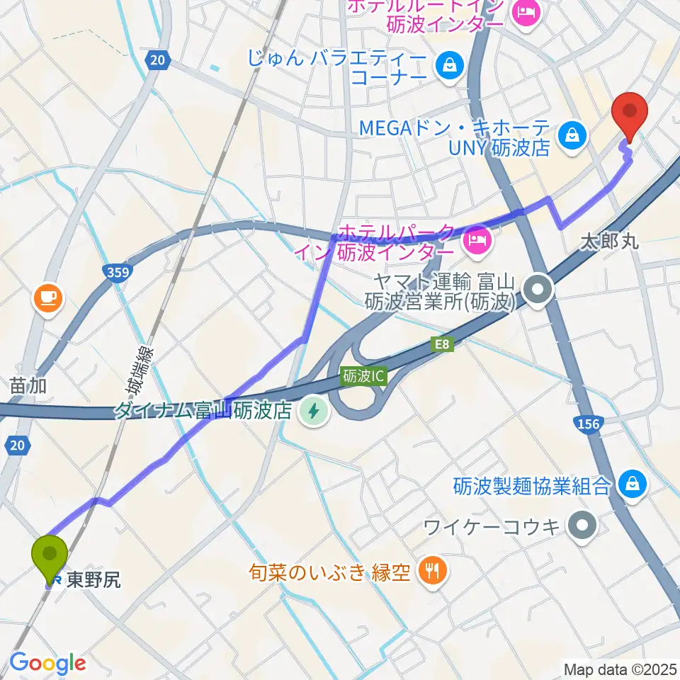 東野尻駅からエフエムとなみへのルートマップ地図