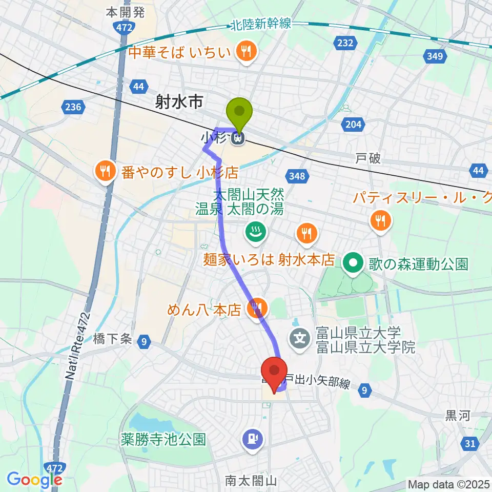 エフエムいみずの最寄駅小杉駅からの徒歩ルート（約32分）地図