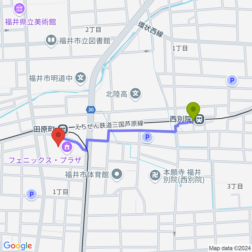 西別院駅から福井街角放送（Radioあいらんど）へのルートマップ地図