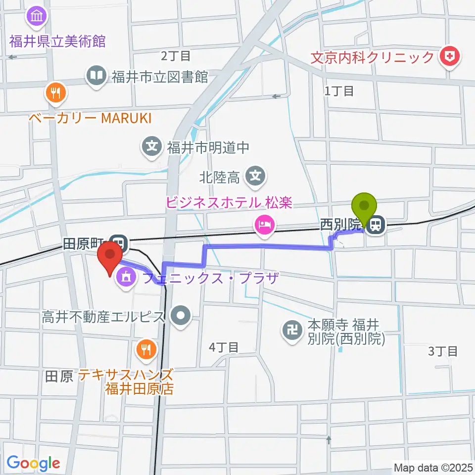 西別院駅から福井街角放送（Radioあいらんど）へのルートマップ地図