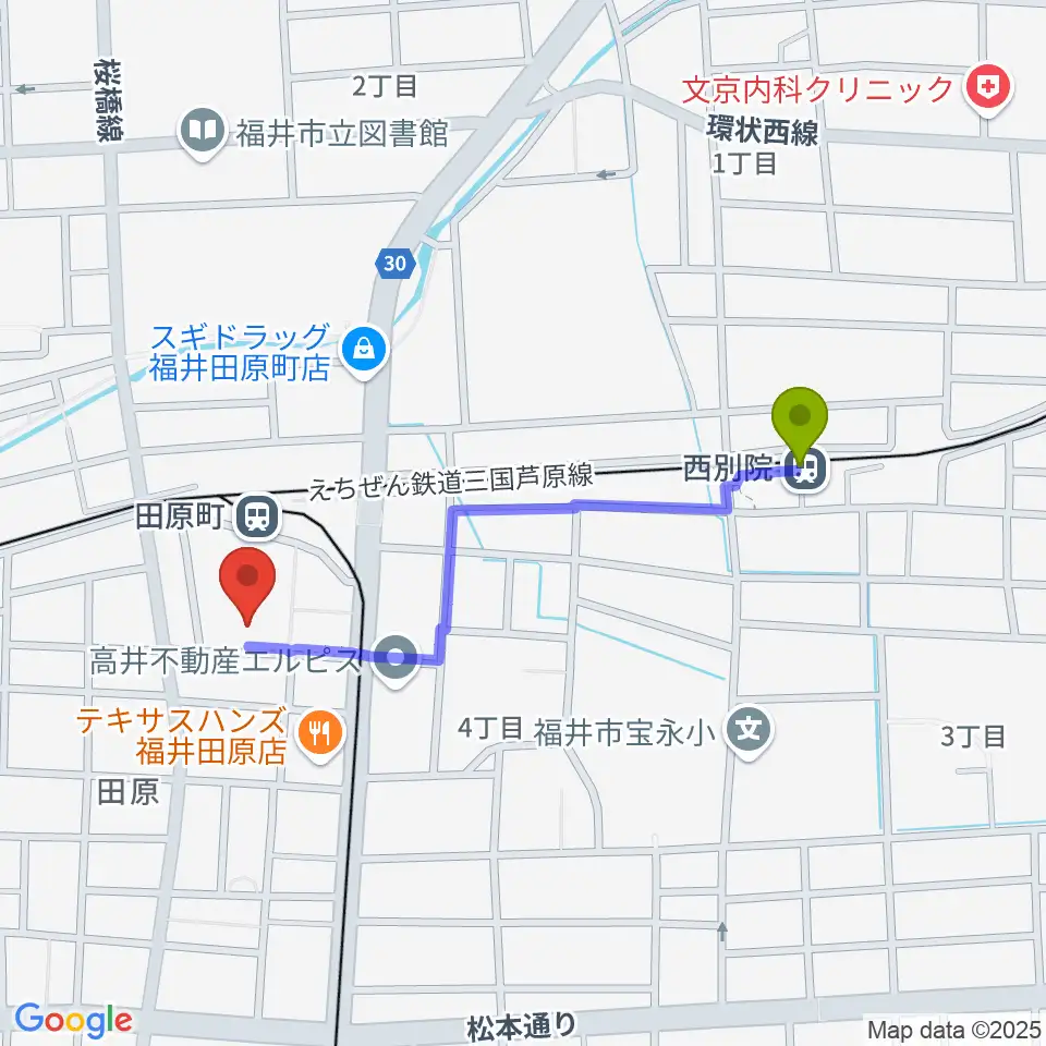 西別院駅から福井街角放送へのルートマップ地図