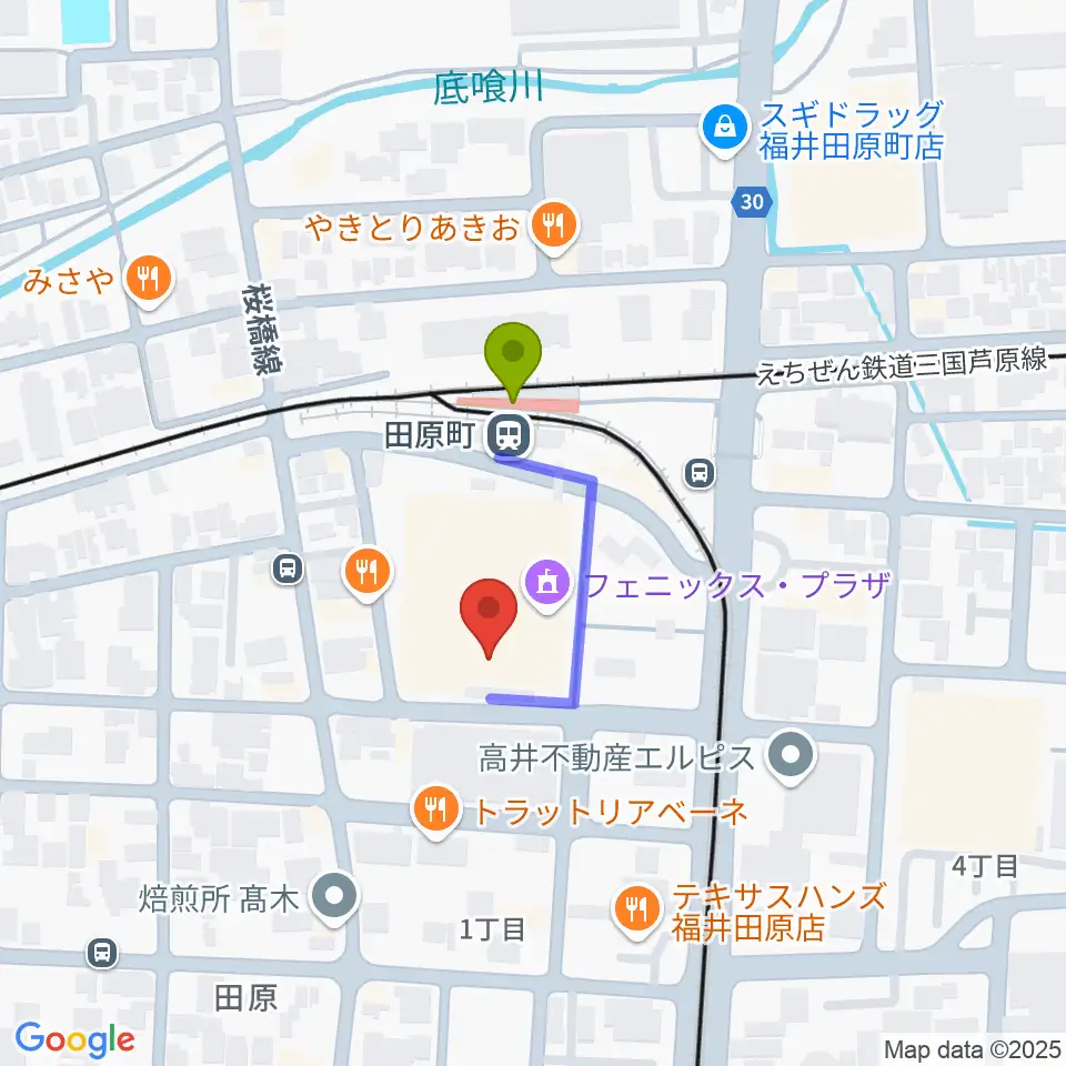 福井街角放送の最寄駅田原町駅からの徒歩ルート（約2分）地図