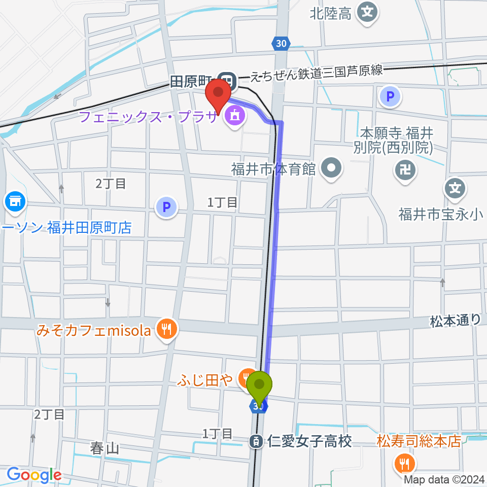 仁愛女子高校駅から福井街角放送（Radioあいらんど）へのルートマップ地図