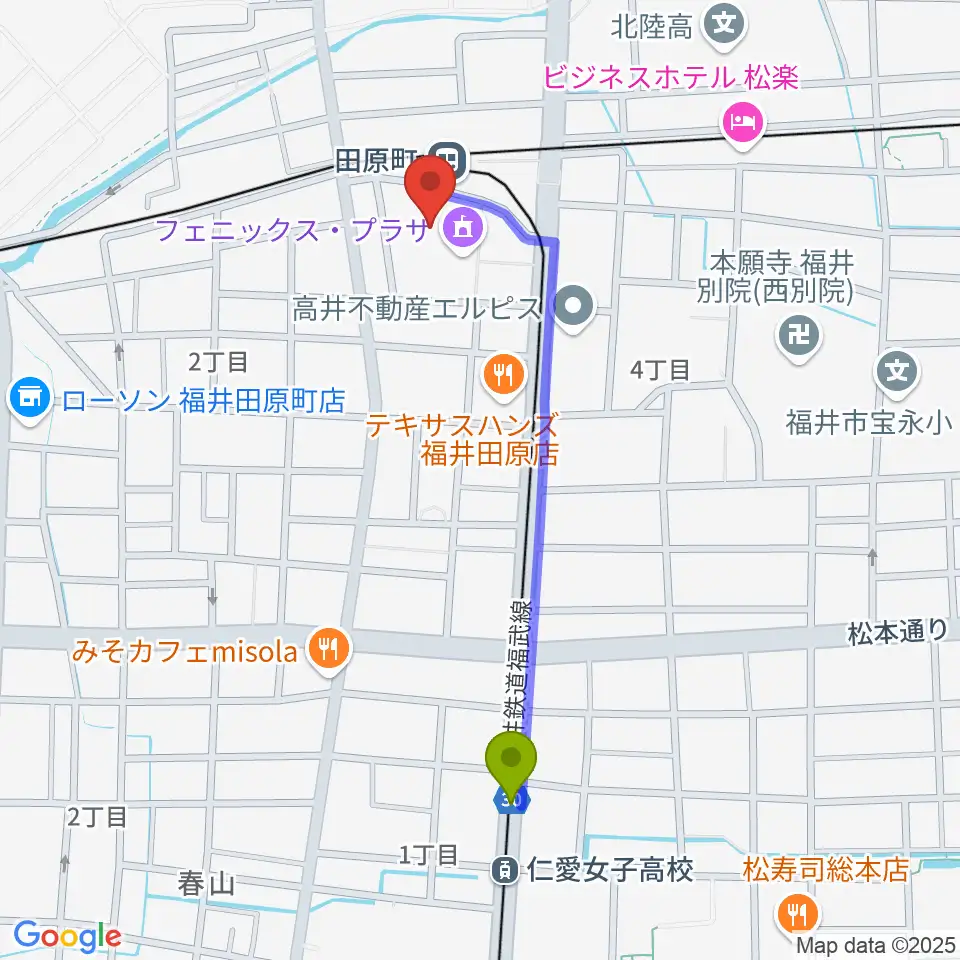 仁愛女子高校駅から福井街角放送（Radioあいらんど）へのルートマップ地図