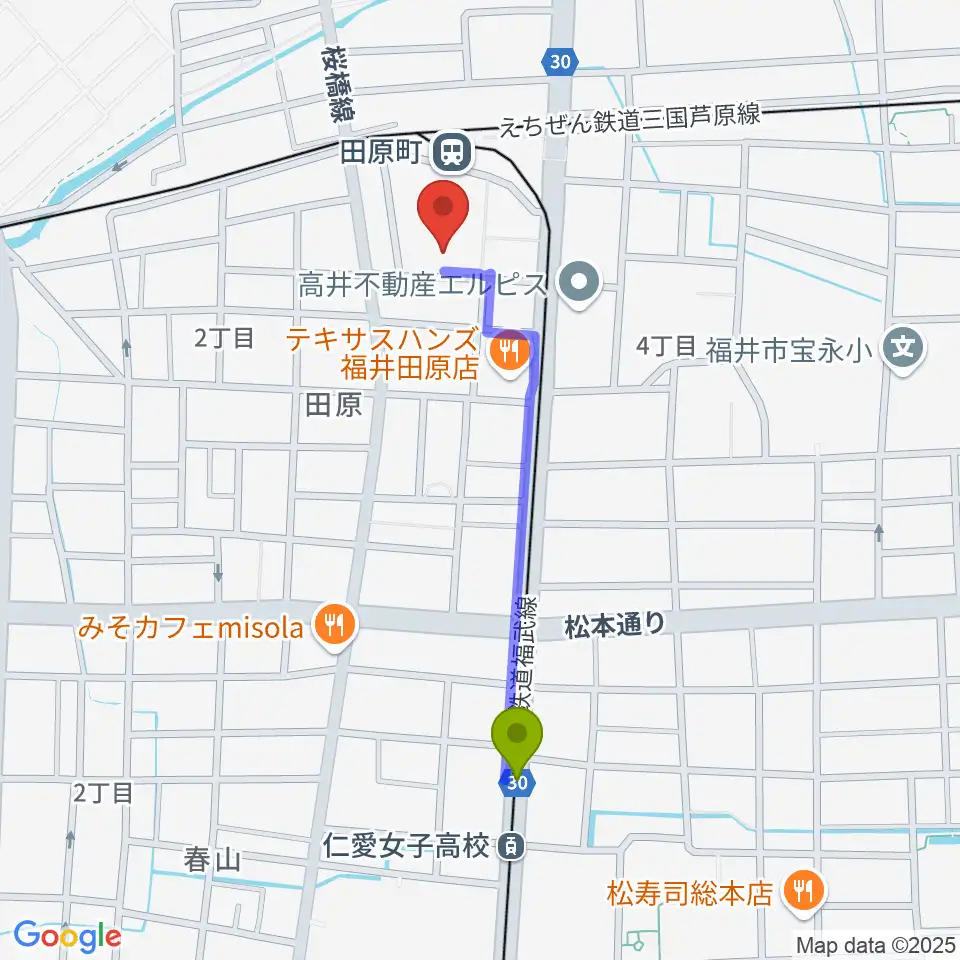 仁愛女子高校駅から福井街角放送へのルートマップ地図
