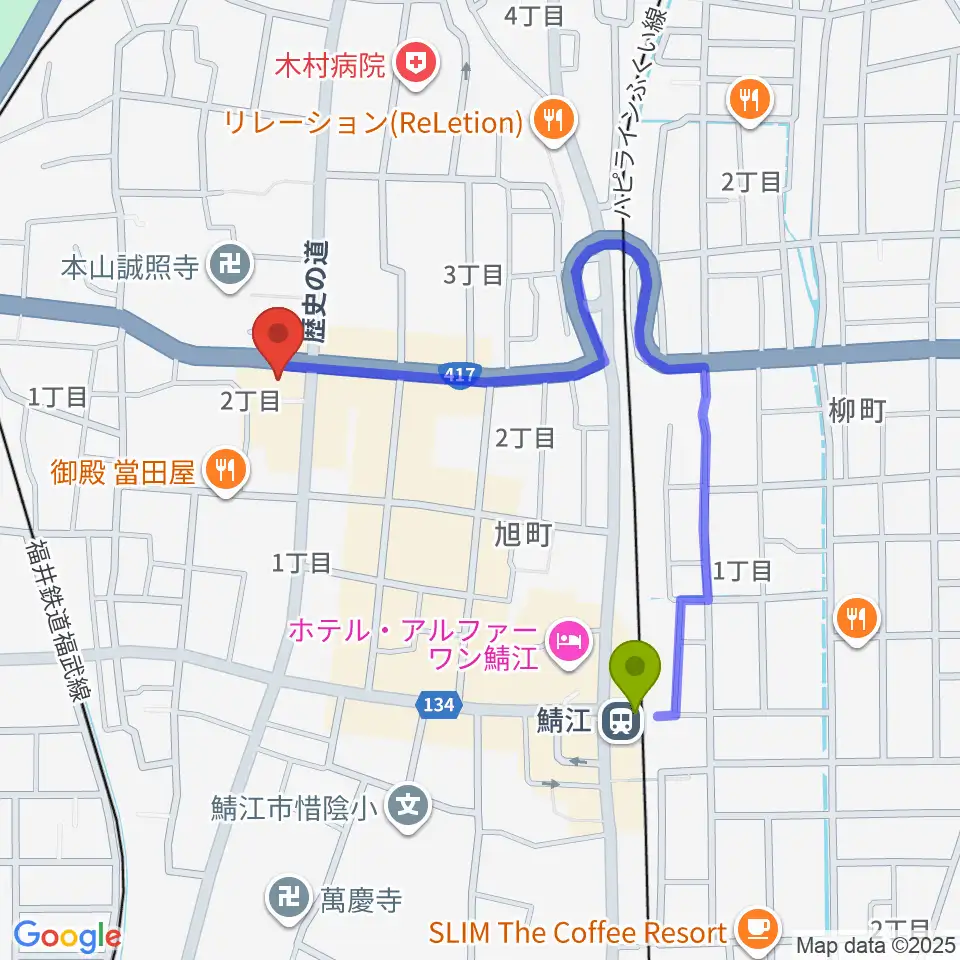 鯖江駅からたんなん夢レディオへのルートマップ地図