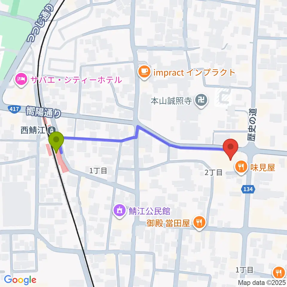 たんなん夢レディオの最寄駅西鯖江駅からの徒歩ルート（約5分）地図