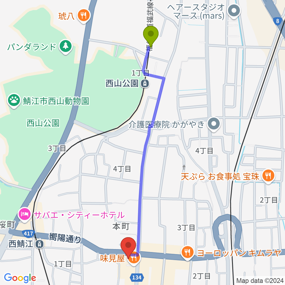 西山公園駅からたんなん夢レディオへのルートマップ地図