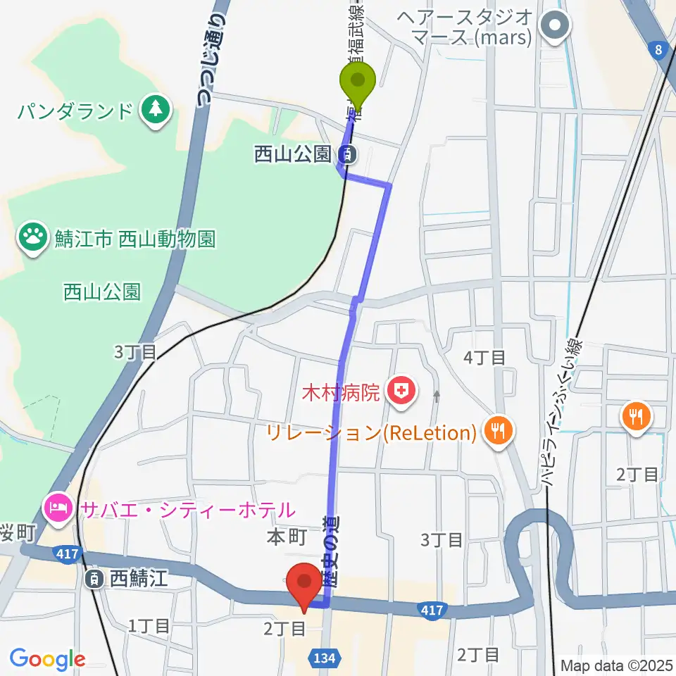 西山公園駅からたんなん夢レディオへのルートマップ地図