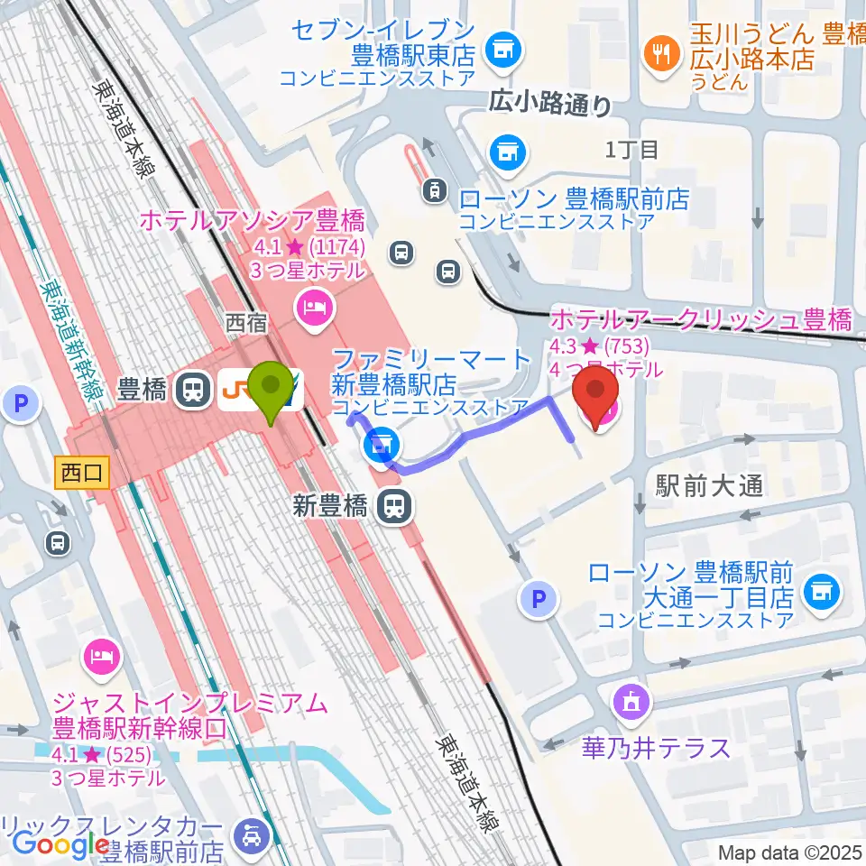 豊橋駅からやしの実FMへのルートマップ地図