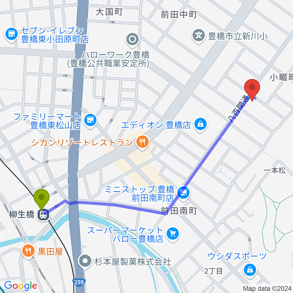 やしの実FM（エフエム豊橋）の最寄駅柳生橋駅からの徒歩ルート（約13分）地図