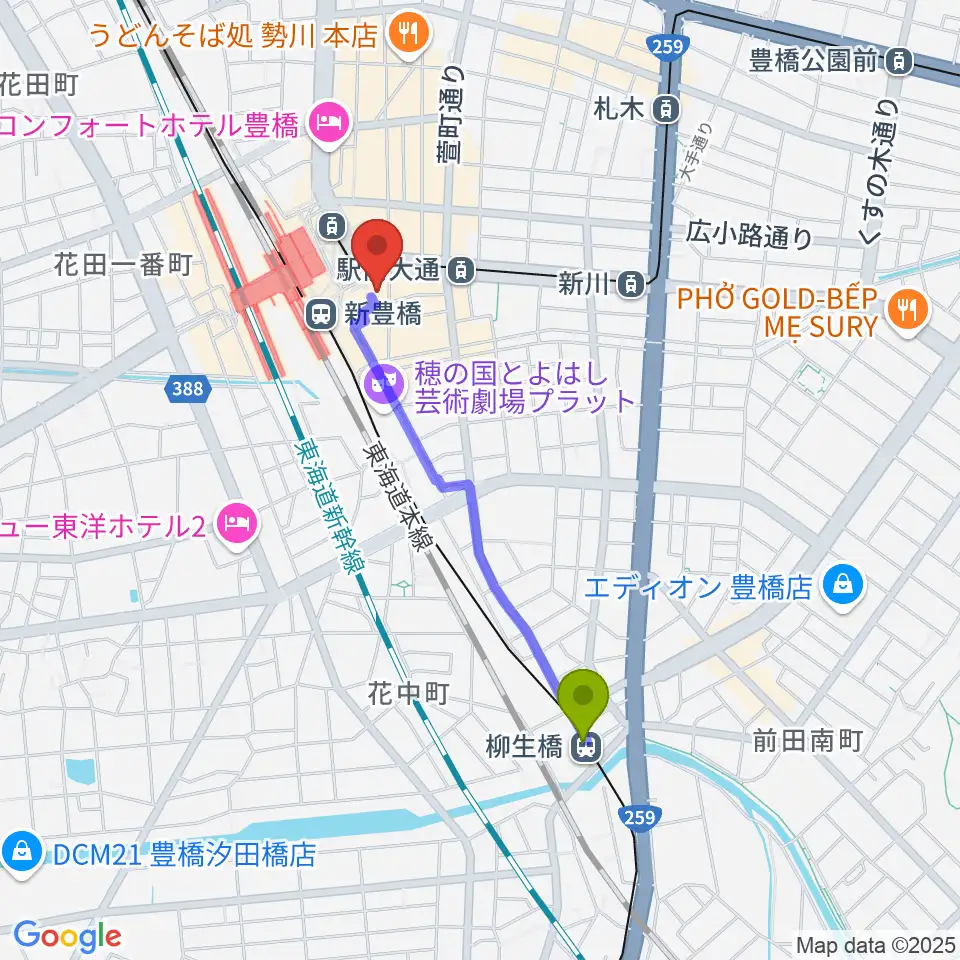 柳生橋駅からやしの実FMへのルートマップ地図