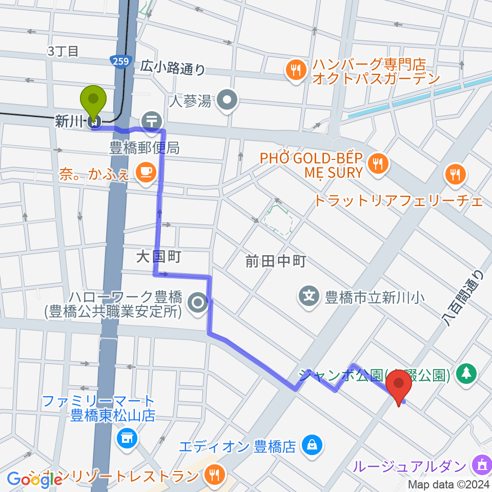 新川駅からやしの実FM（エフエム豊橋）へのルートマップ地図