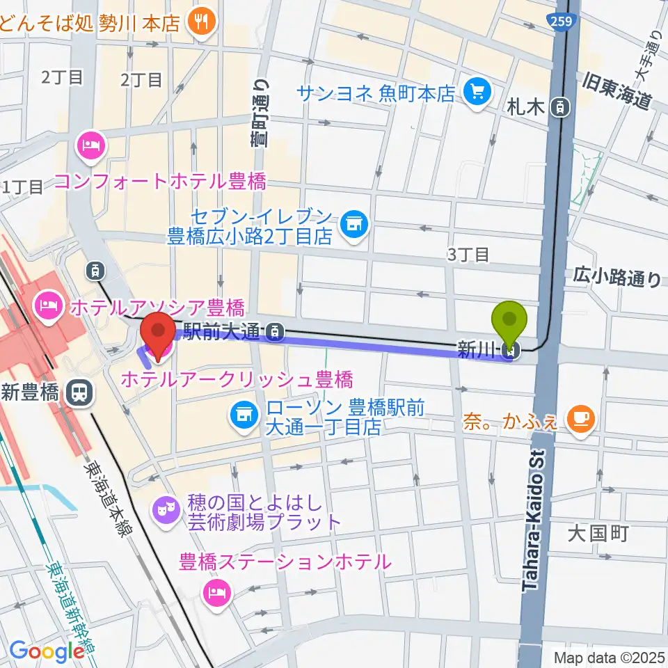 新川駅からやしの実FMへのルートマップ地図
