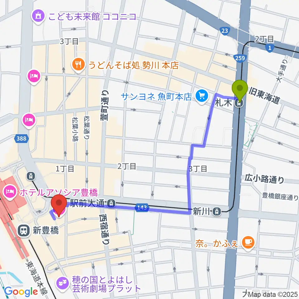 札木駅からやしの実FMへのルートマップ地図