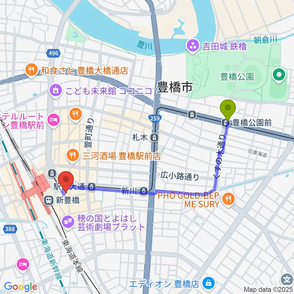 豊橋公園前駅からやしの実FMへのルートマップ地図