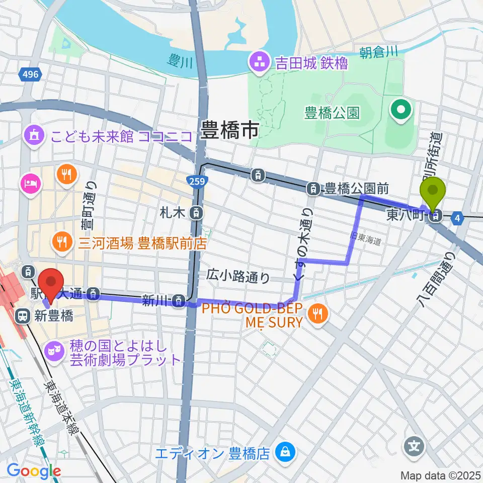 東八町駅からやしの実FMへのルートマップ地図