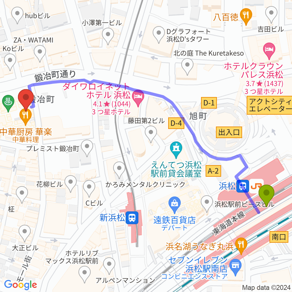 浜松駅からFM Haro!へのルートマップ地図