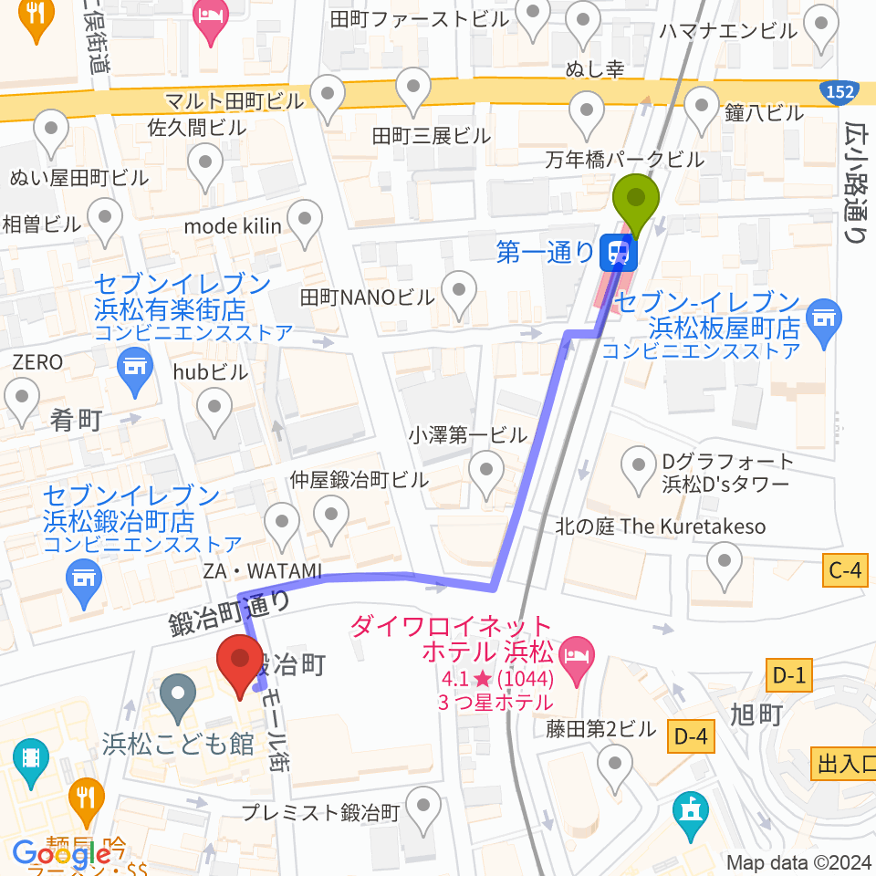 FM Haro!の最寄駅第一通り駅からの徒歩ルート（約5分）地図