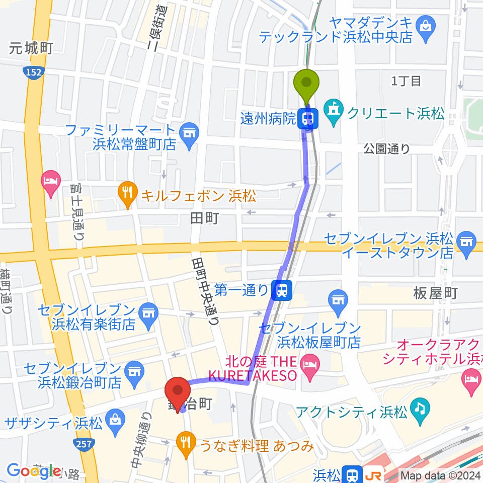 遠州病院駅からFM Haro!へのルートマップ地図