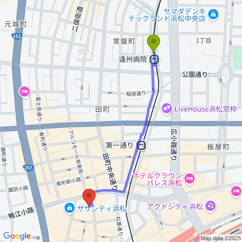 遠州病院駅からFM Haro!へのルートマップ地図