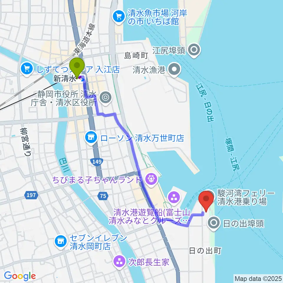 エフエムしみず マリンパルの最寄駅新清水駅からの徒歩ルート（約20分）地図