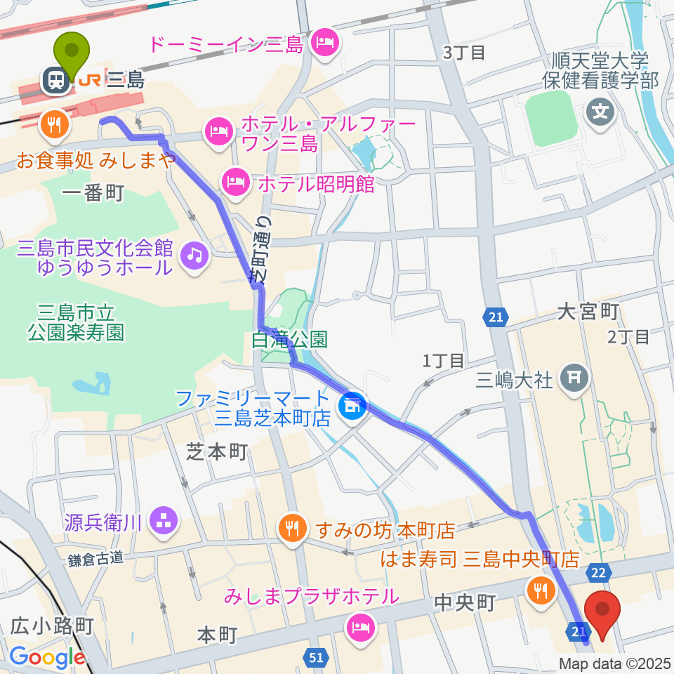 三島駅からボイス・キューへのルートマップ地図