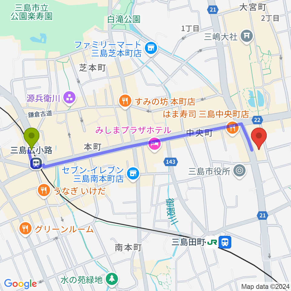 三島広小路駅からボイス・キューへのルートマップ地図