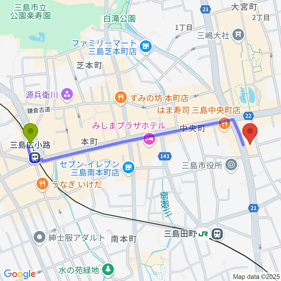 三島広小路駅からボイス・キューへのルートマップ地図