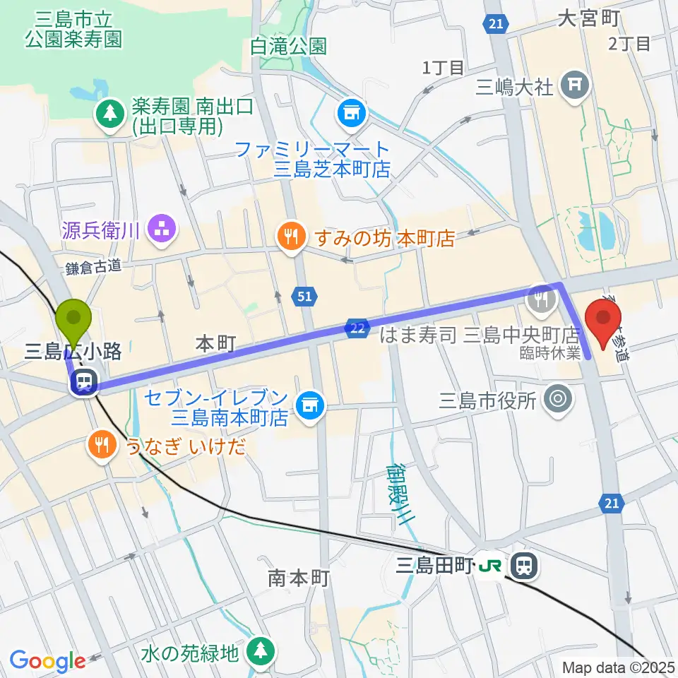 三島広小路駅からボイス・キューへのルートマップ地図
