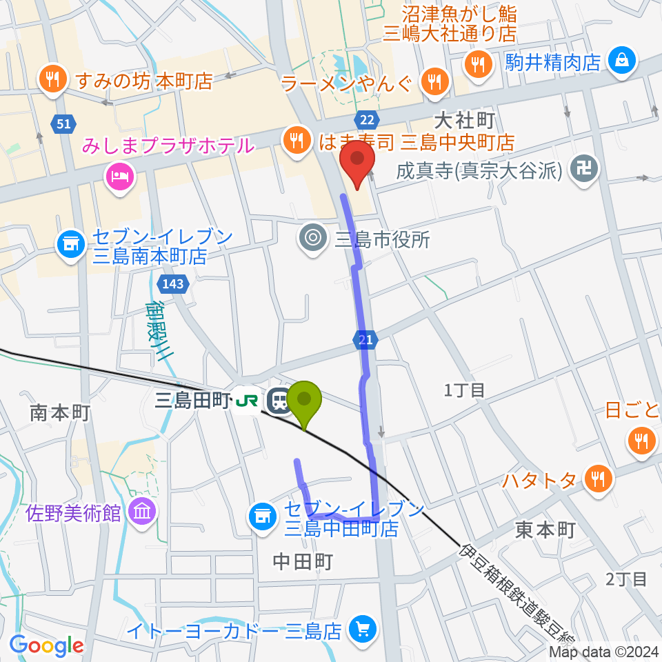 ボイス・キューの最寄駅三島田町駅からの徒歩ルート（約6分）地図